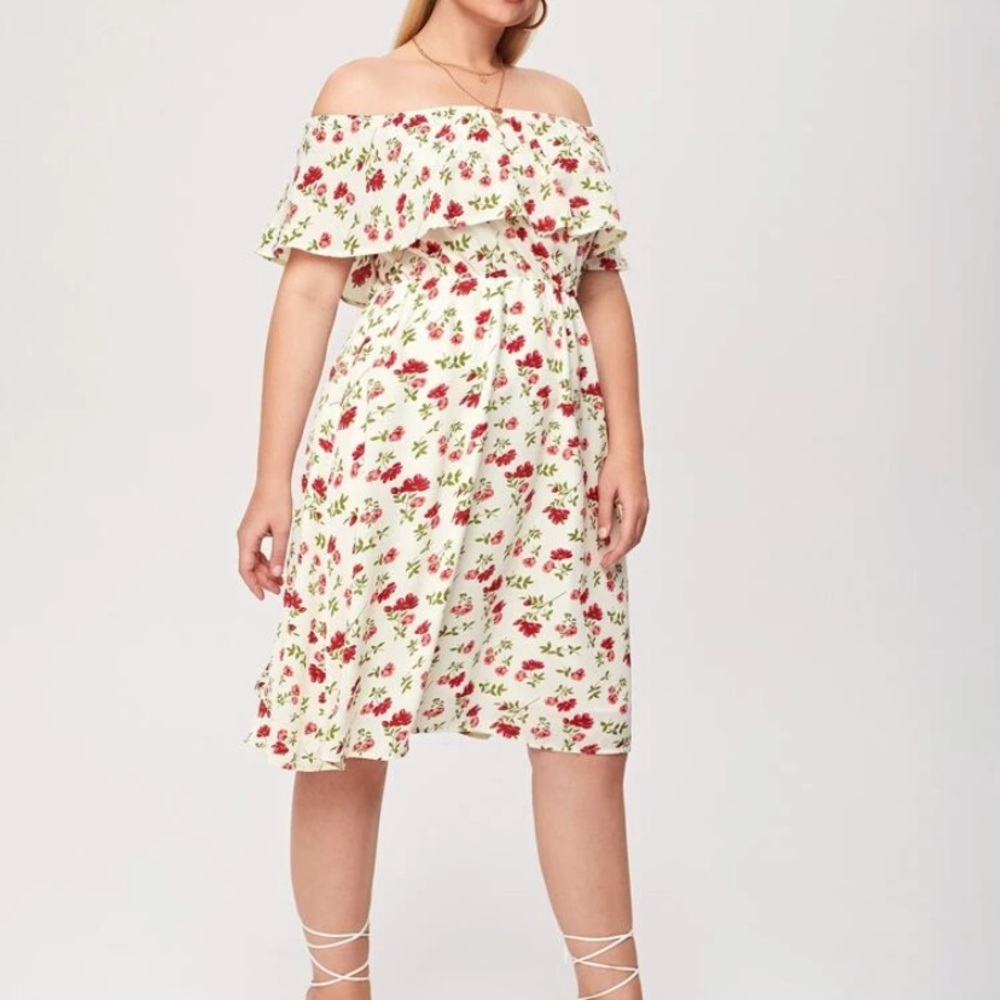 SHEIN Allover Floral Foldover Bardot Dress